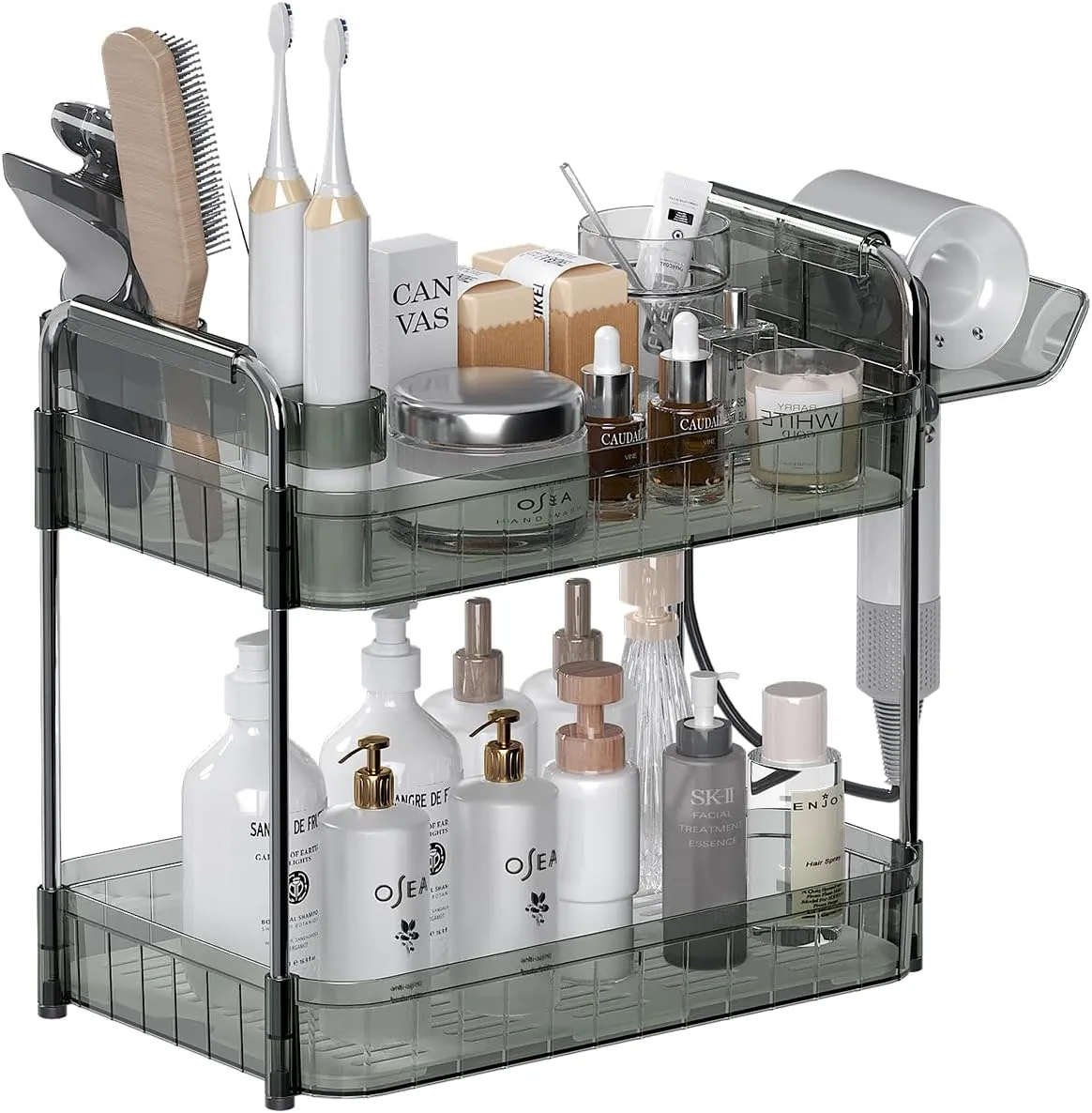 Makeup Counter Organizer With Hair Dryer Holder, Bathroom Countertop Storage, Cosmetics Skincare And Personal Hygiene Products Organizer,Perfume for Dresser Vanity Tray (Transparency Green)