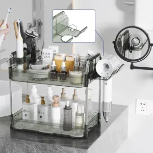 Makeup Counter Organizer With Hair Dryer Holder, Bathroom Countertop Storage, Cosmetics Skincare And Personal Hygiene Products Organizer,Perfume for Dresser Vanity Tray (Transparency Green)