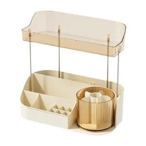 Makeup Desk Organizer Cosmetic Storage Container Skincare Organiser Countertop Organizer for Counter Desktop Jewelery Brush, Beige Double