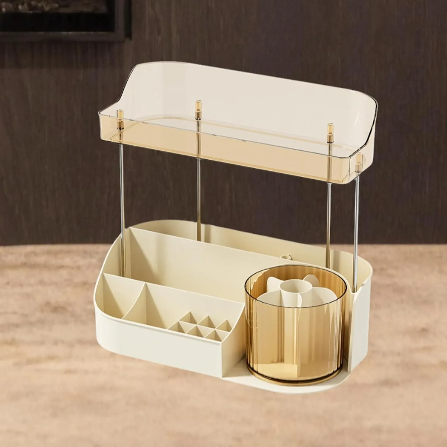 Makeup Desk Organizer Cosmetic Storage Container Skincare Organiser Countertop Organizer for Counter Desktop Jewelery Brush, Beige Double