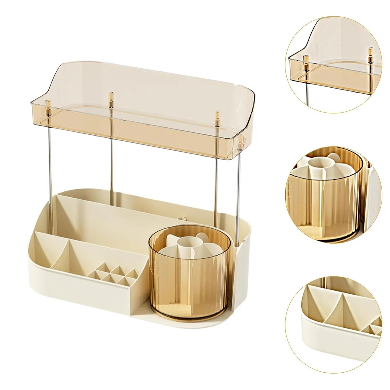 Makeup Desk Organizer Cosmetic Storage Container Skincare Organiser Countertop Organizer for Counter Desktop Jewelery Brush, Beige Double