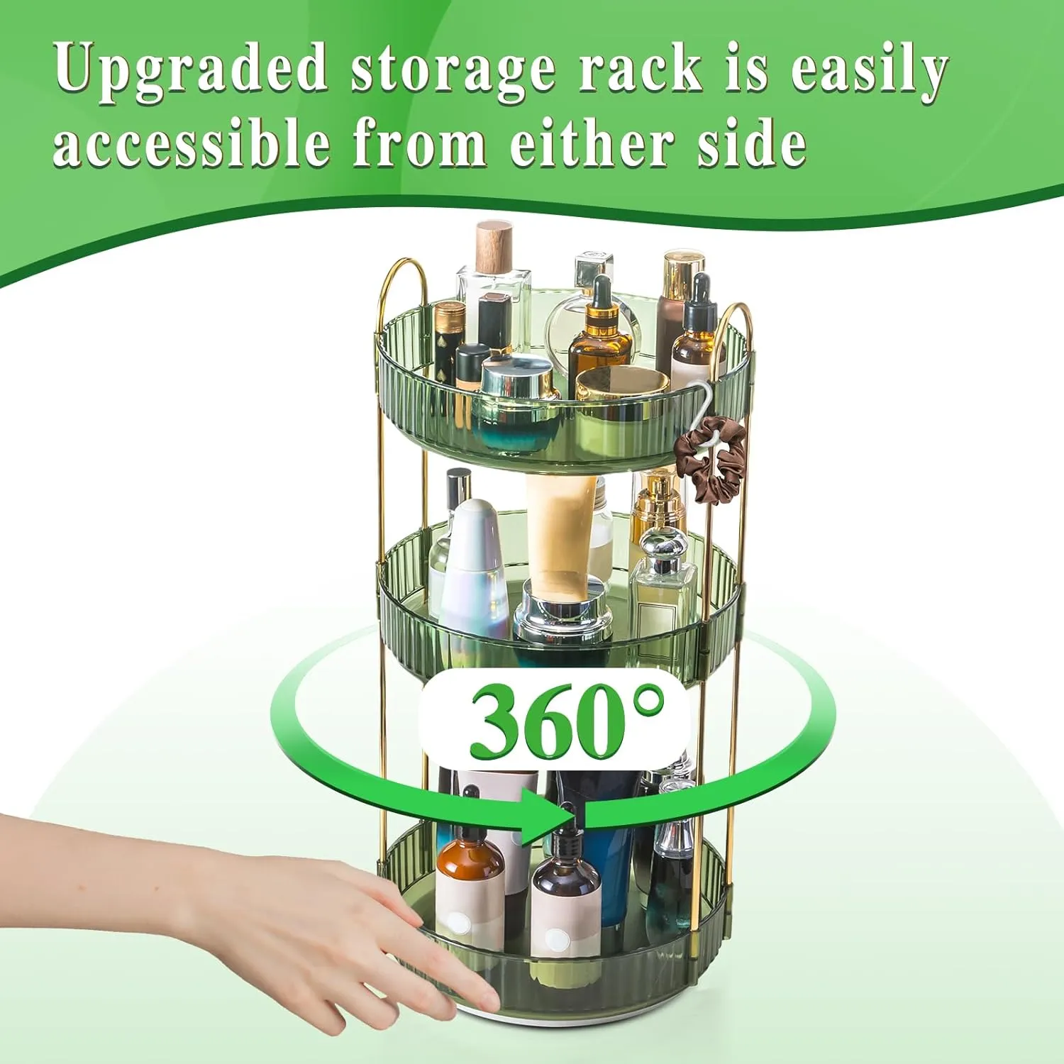 Makeup Organizer - 360 Rotating Vanity Organizer with Extra Hooks & DIY Stickers for Bathroom