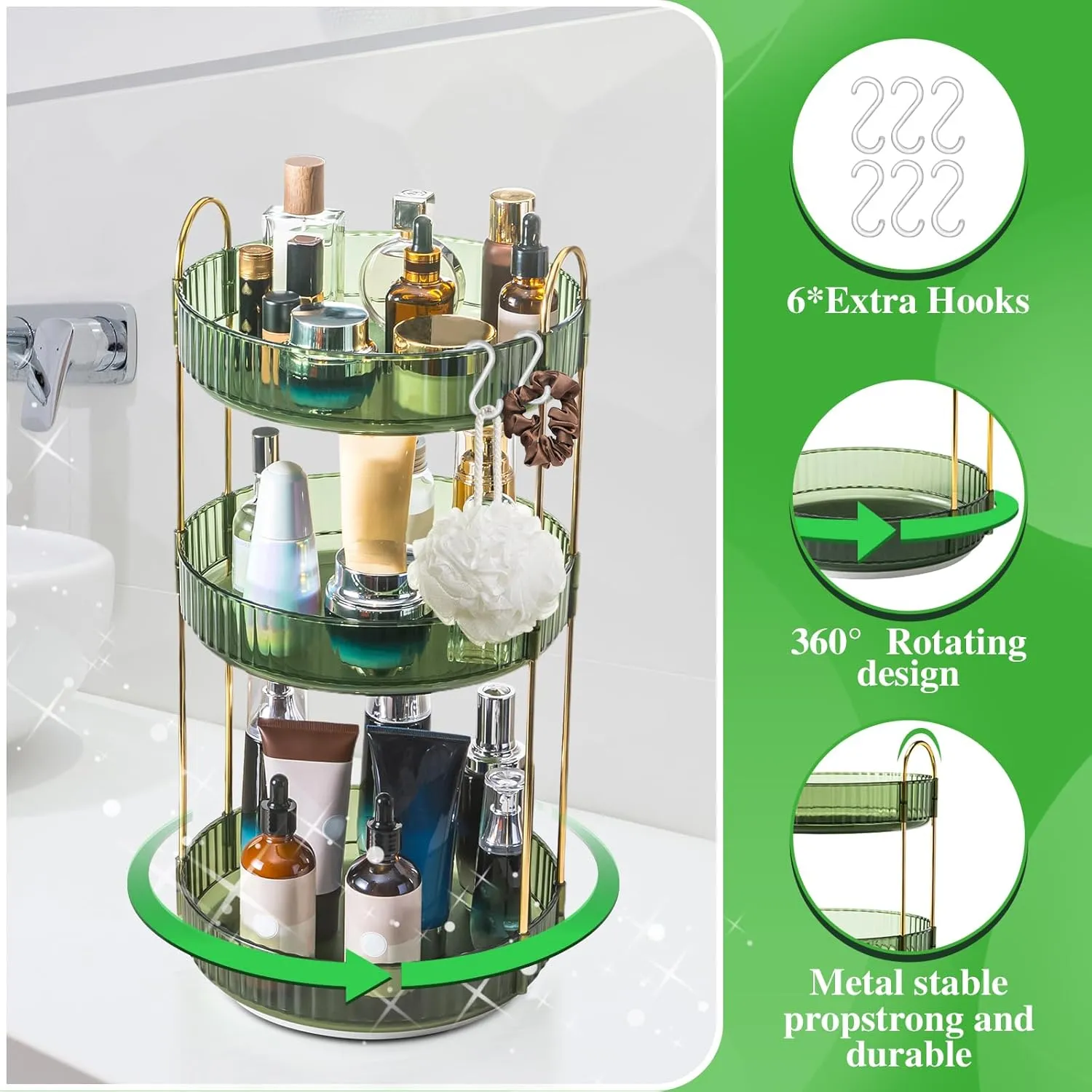 Makeup Organizer - 360 Rotating Vanity Organizer with Extra Hooks & DIY Stickers for Bathroom