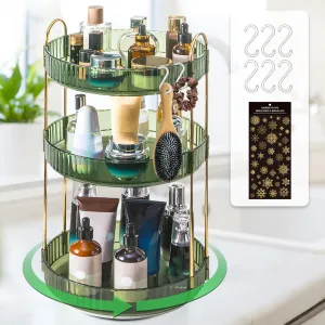 Makeup Organizer - 360 Rotating Vanity Organizer with Extra Hooks & DIY Stickers for Bathroom