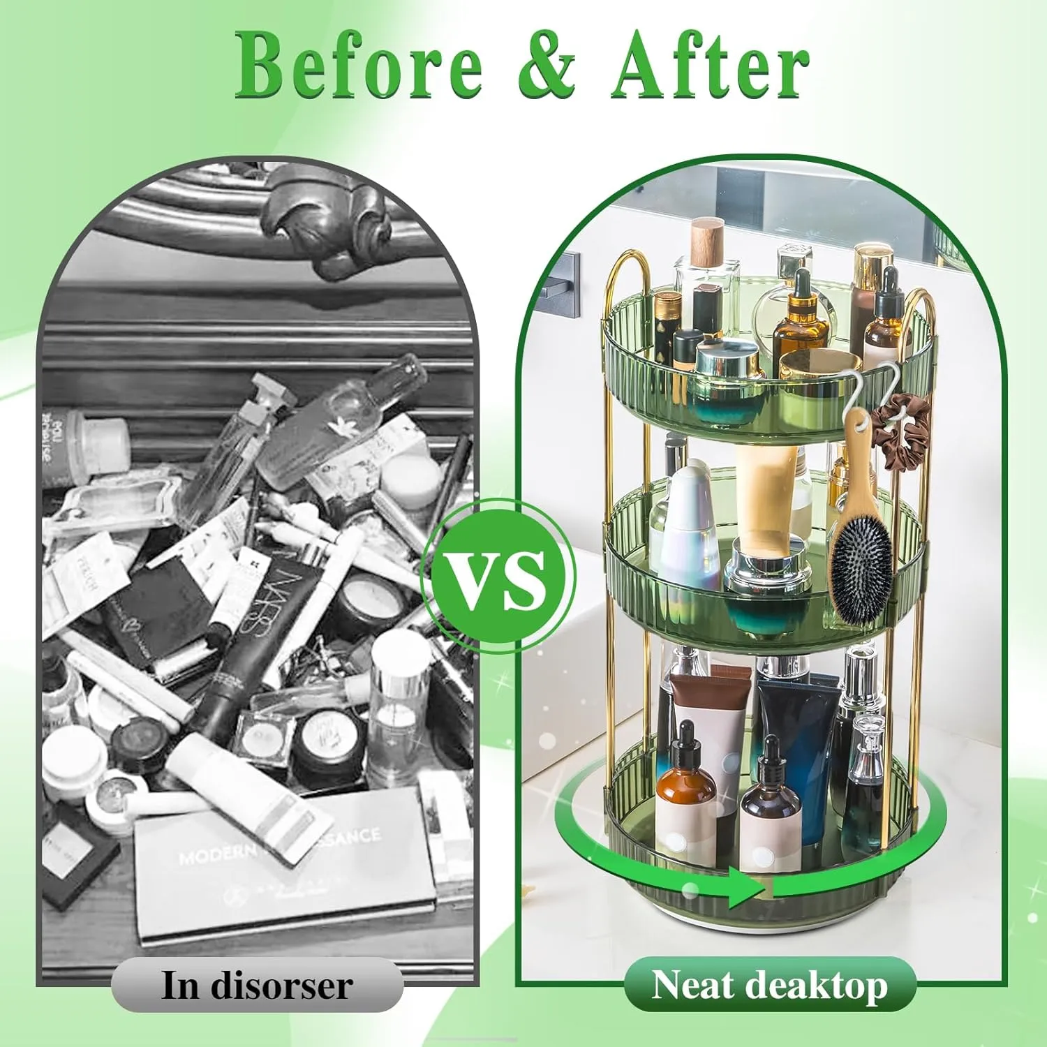 Makeup Organizer - 360 Rotating Vanity Organizer with Extra Hooks & DIY Stickers for Bathroom
