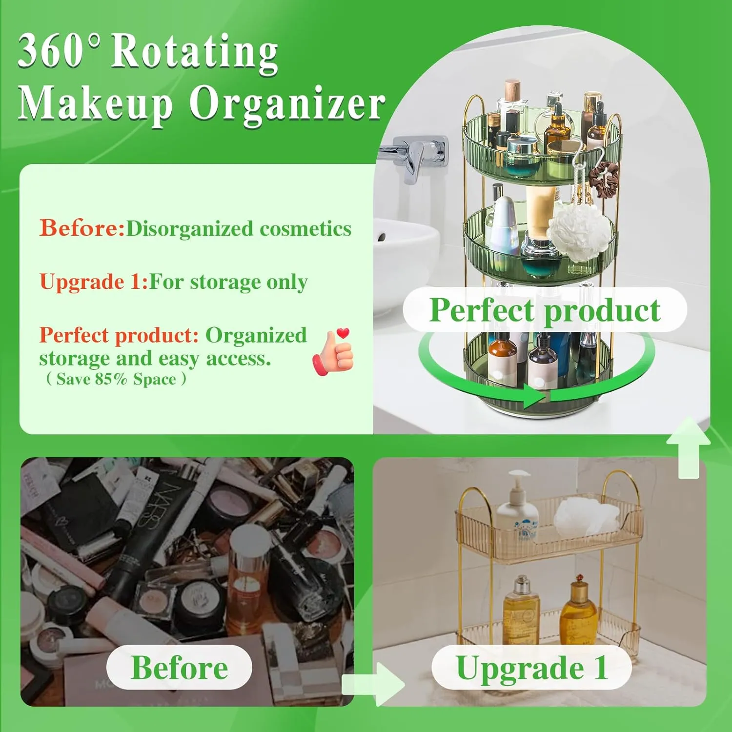 Makeup Organizer - 360 Rotating Vanity Organizer with Extra Hooks & DIY Stickers for Bathroom