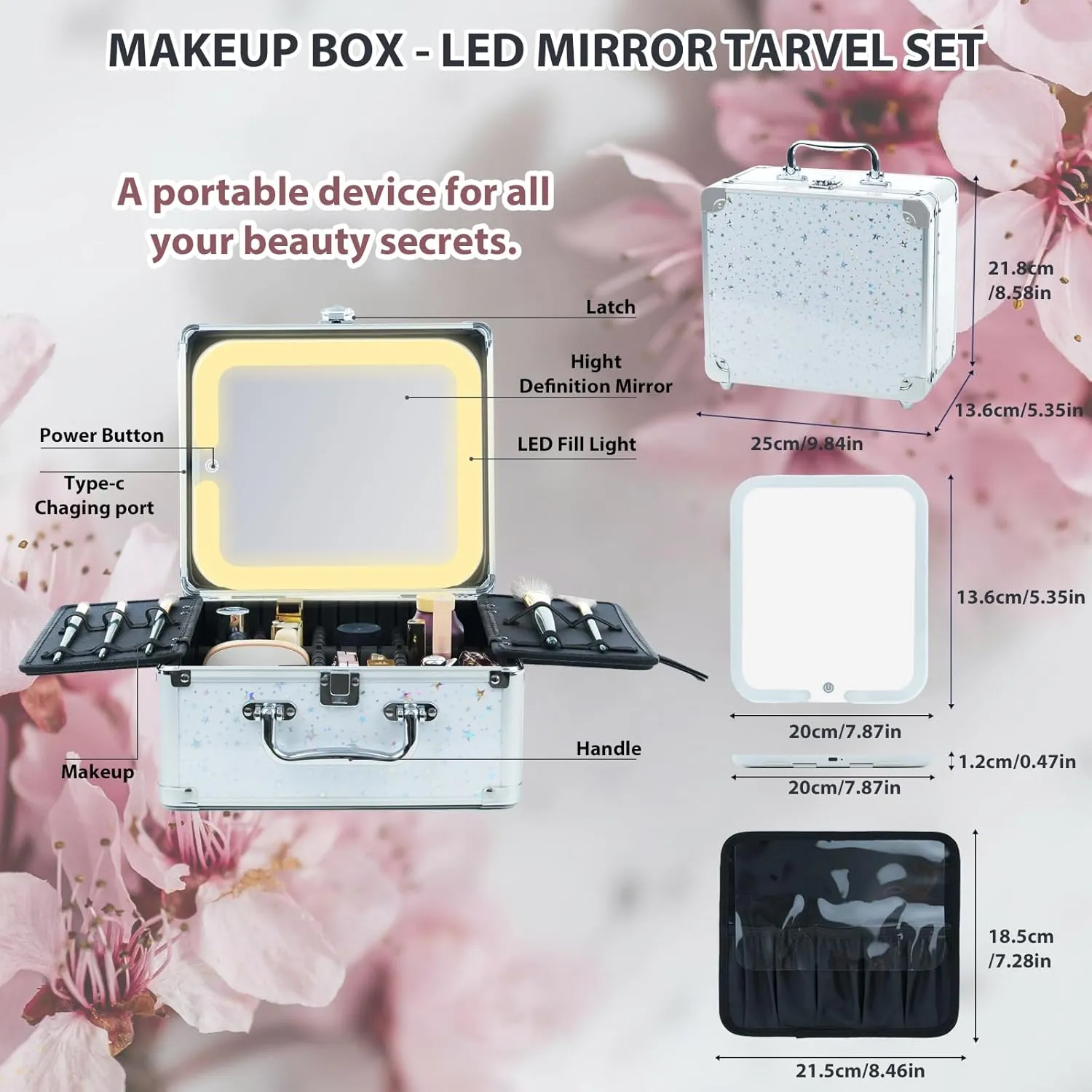 Makeup Organizer Box with Detachable Lighted Mirror, Travel Train Cosmetic Case, Adjustable Divider Storage Bag, Portable Artist Storage Suitcase with Magnetic LED Mirror - Star White