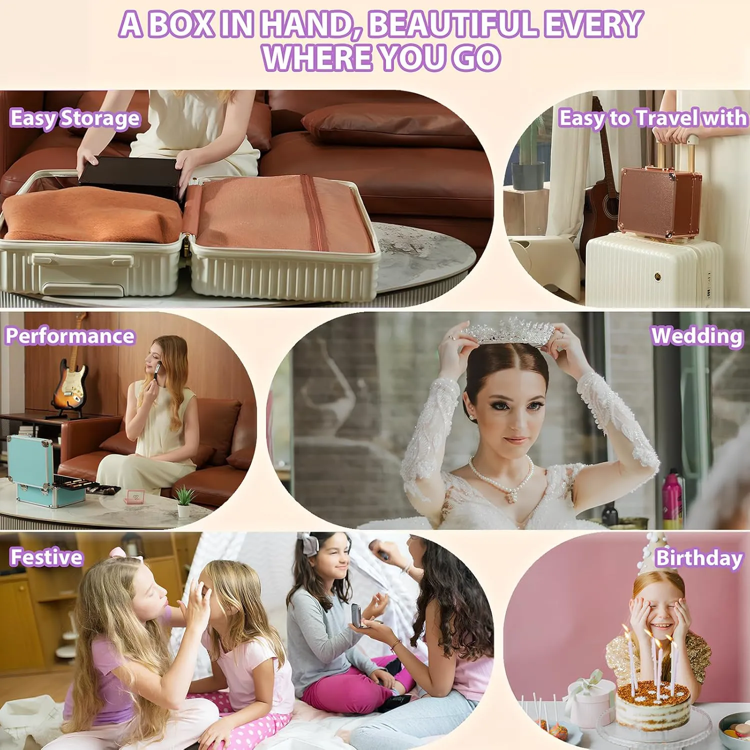 Makeup Organizer Box with Detachable Lighted Mirror, Travel Train Cosmetic Case, Adjustable Divider Storage Bag, Portable Artist Storage Suitcase with Magnetic LED Mirror - Star White