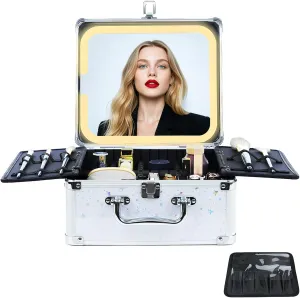 Makeup Organizer Box with Detachable Lighted Mirror, Travel Train Cosmetic Case, Adjustable Divider Storage Bag, Portable Artist Storage Suitcase with Magnetic LED Mirror - Star White