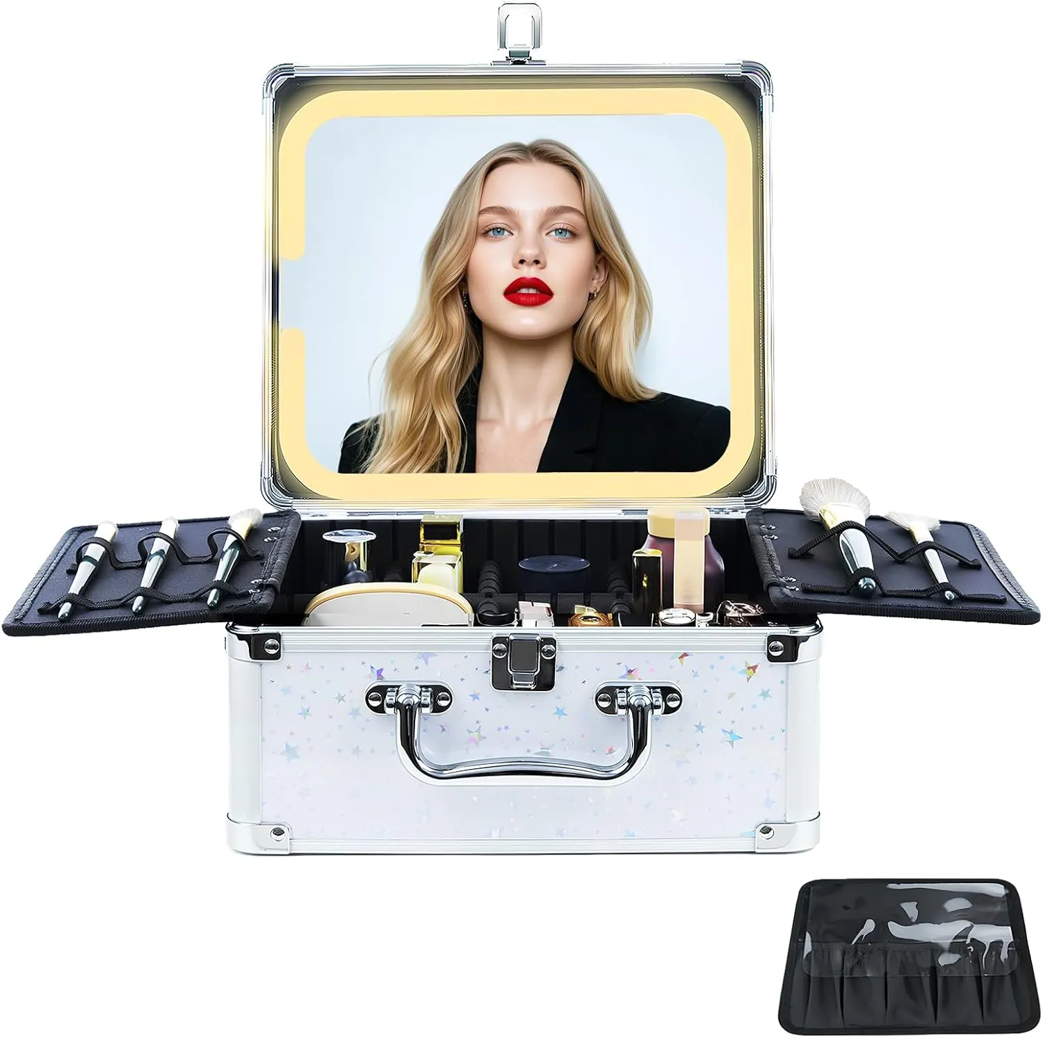 Makeup Organizer Box with Detachable Lighted Mirror, Travel Train Cosmetic Case, Adjustable Divider Storage Bag, Portable Artist Storage Suitcase with Magnetic LED Mirror - Star White