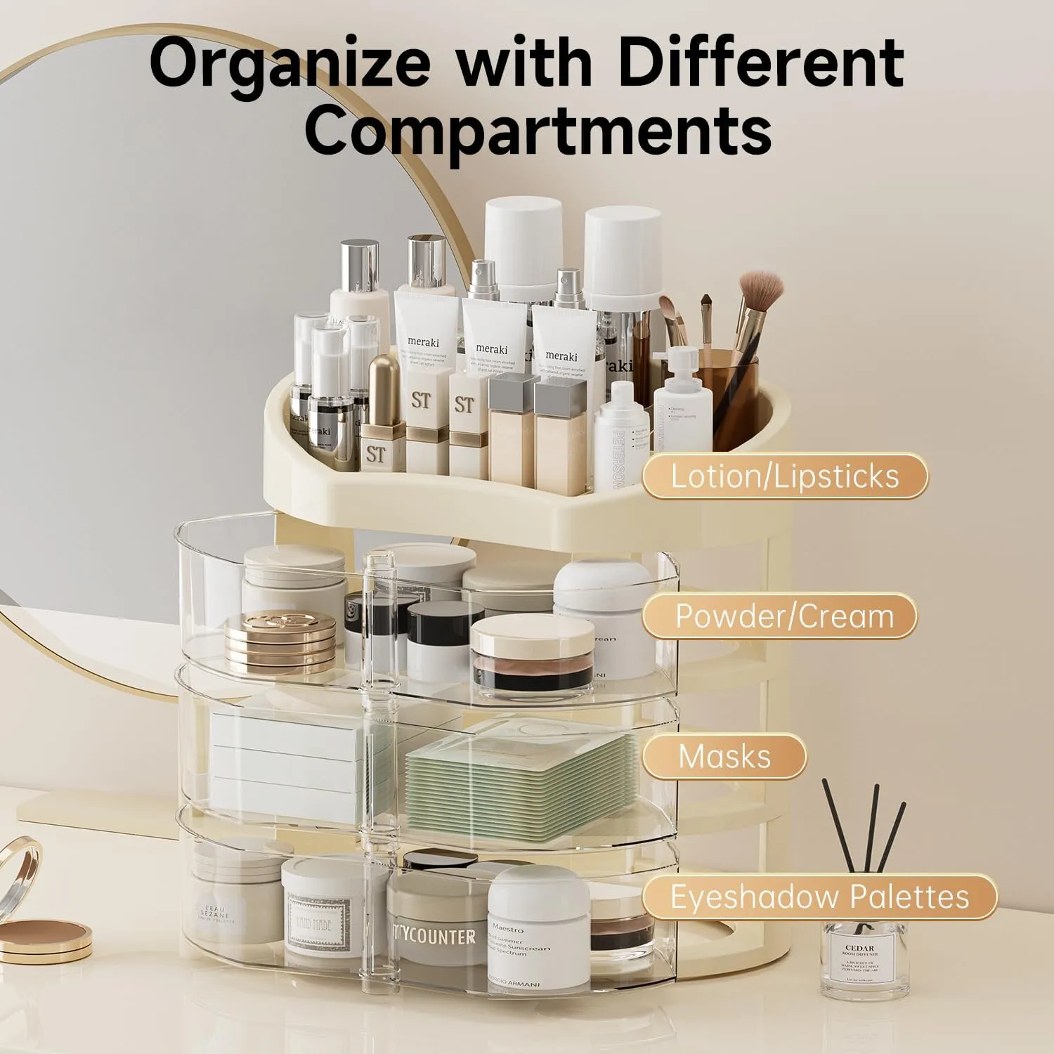 Makeup Organizer for Vanity, Countertop Organizer with 360° Rotating Drawer, Spacious Cosmetic Display Case for Beauty Essential, Skincare,Lipstick, 2 Drawers