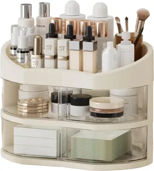 Makeup Organizer for Vanity, Countertop Organizer with 360° Rotating Drawer, Spacious Cosmetic Display Case for Beauty Essential, Skincare,Lipstick, 2 Drawers