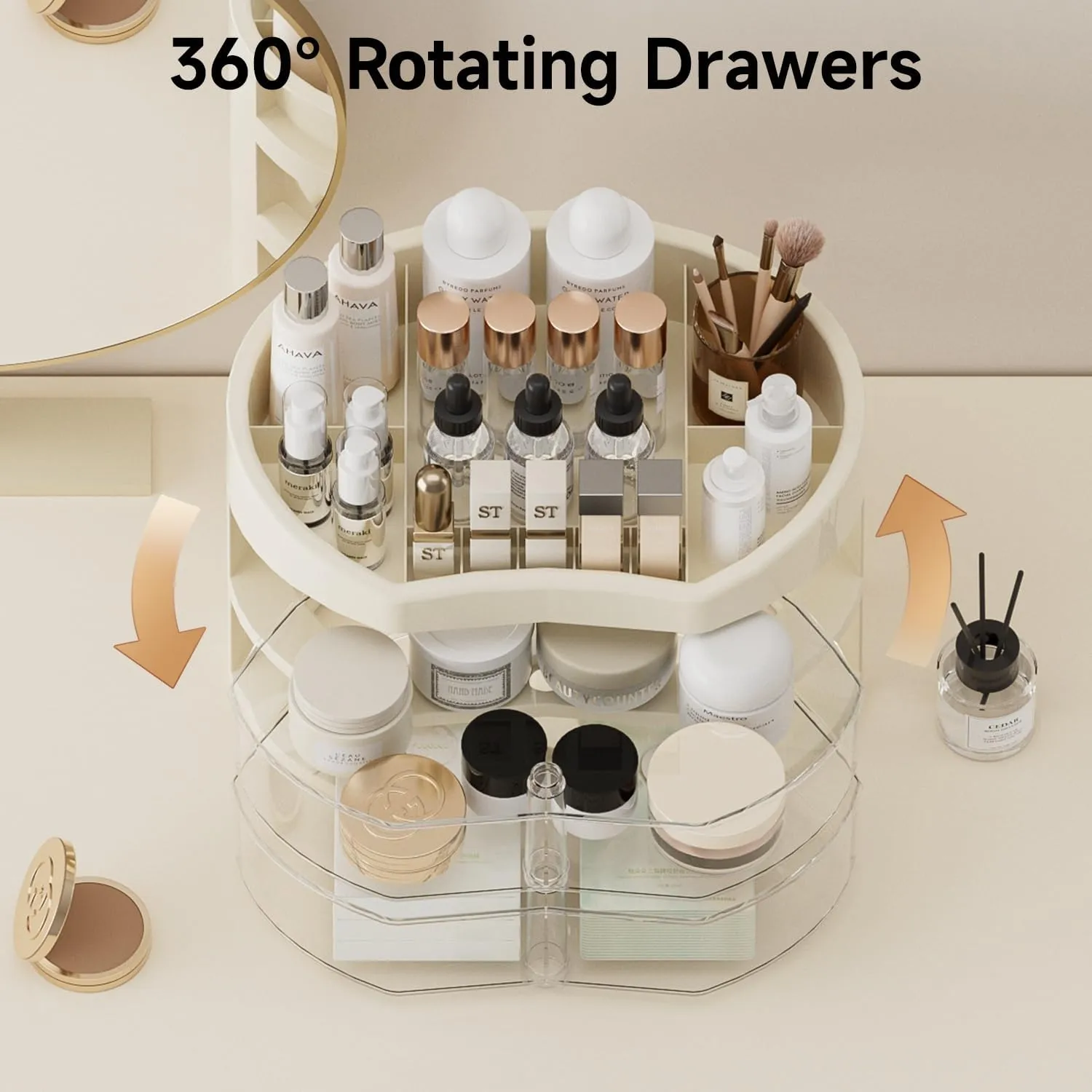 Makeup Organizer for Vanity, Countertop Organizer with 360° Rotating Drawer, Spacious Cosmetic Display Case for Beauty Essential, Skincare,Lipstick, 2 Drawers
