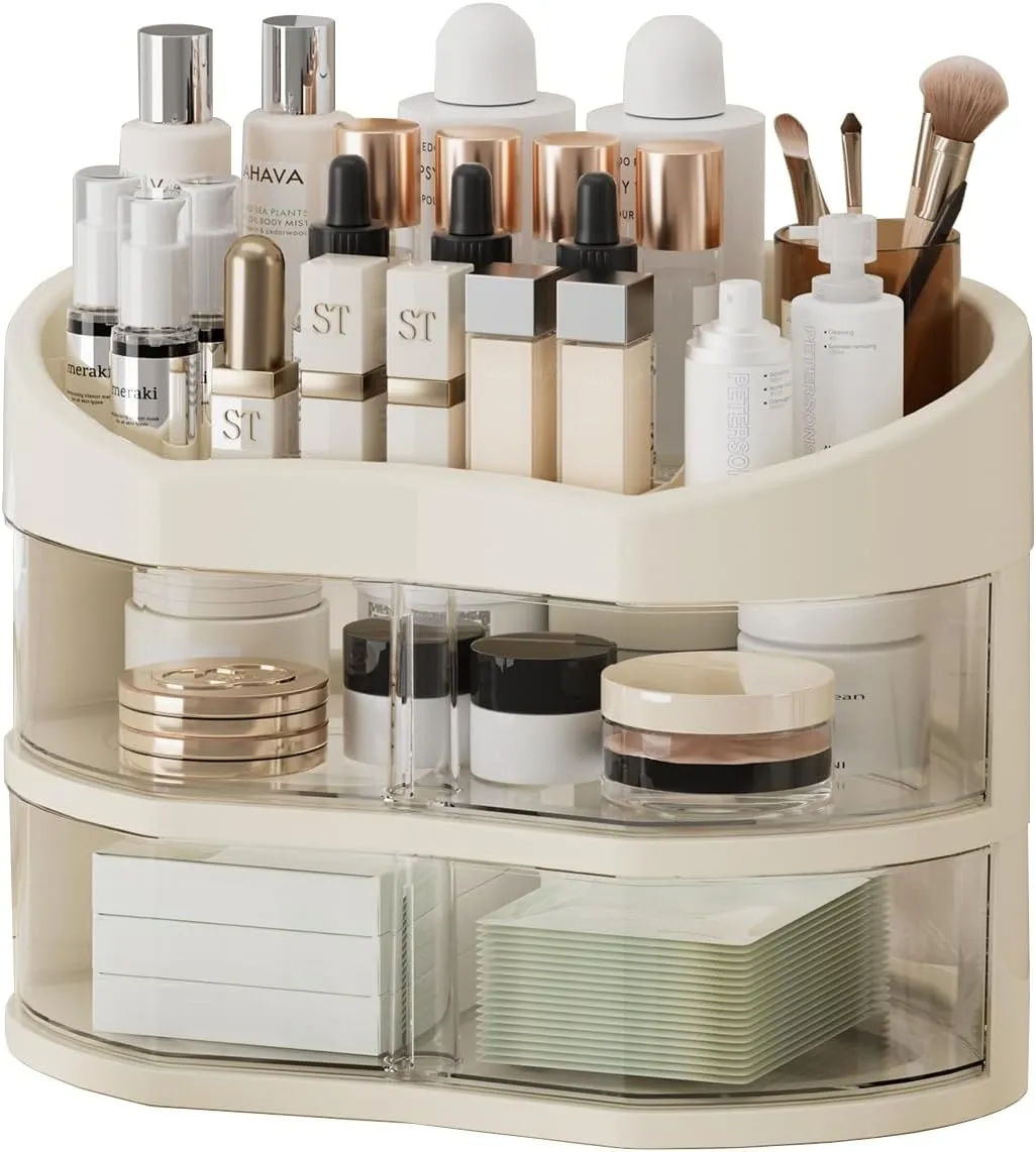 Makeup Organizer for Vanity, Countertop Organizer with 360° Rotating Drawer, Spacious Cosmetic Display Case for Beauty Essential, Skincare,Lipstick, 2 Drawers