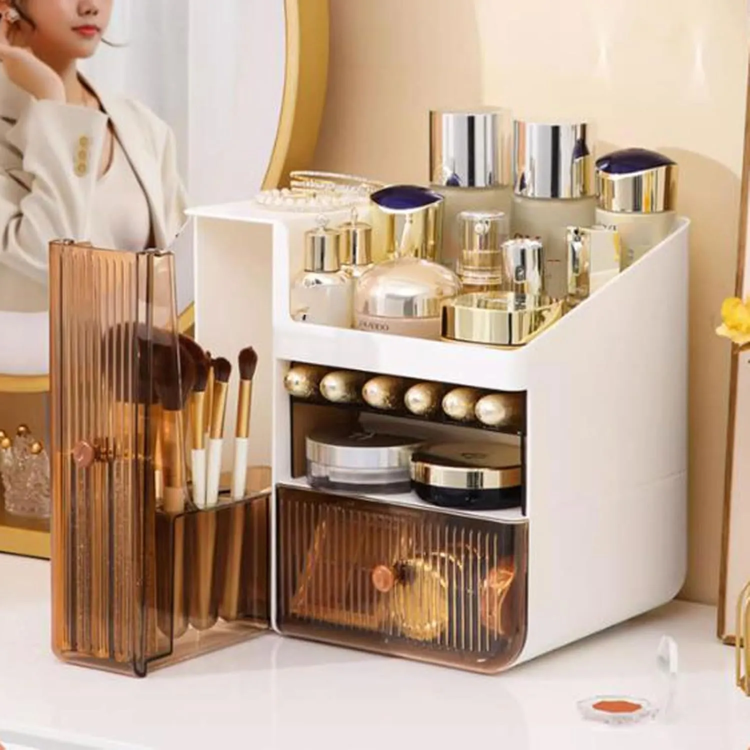 Makeup Organizer Makeup Organizer Cosmetic Storage Box with Drawers,Fits Lipsticks,Makeup Brushes,Jewellery,Make Up Storage Case for Dresser, Bedroom, Bathroom Cosmetics Organiser(Orange)