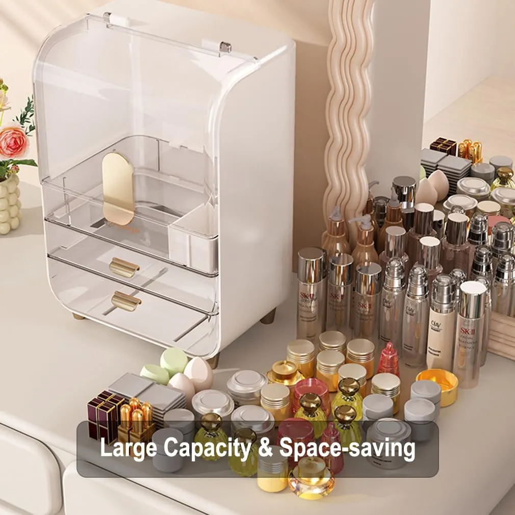 Makeup Organizer Storage Box, Skincare Cosmetic Organizer, Clear Cosmetic Display Case With Top Flip-lid and 2-Tier Drawer for Vanity, Dresser, Countertop (Pink)