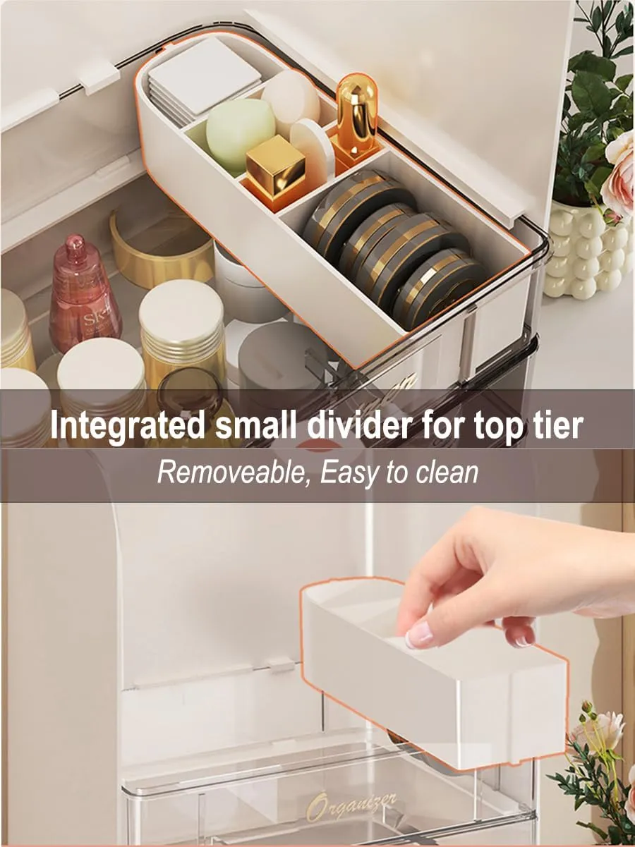 Makeup Organizer Storage Box, Skincare Cosmetic Organizer, Clear Cosmetic Display Case With Top Flip-lid and 2-Tier Drawer for Vanity, Dresser, Countertop (Pink)
