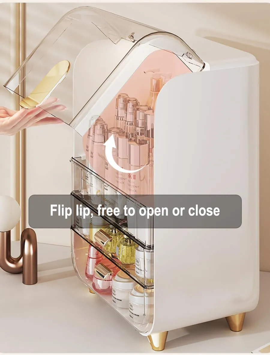 Makeup Organizer Storage Box, Skincare Cosmetic Organizer, Clear Cosmetic Display Case With Top Flip-lid and 2-Tier Drawer for Vanity, Dresser, Countertop (Pink)