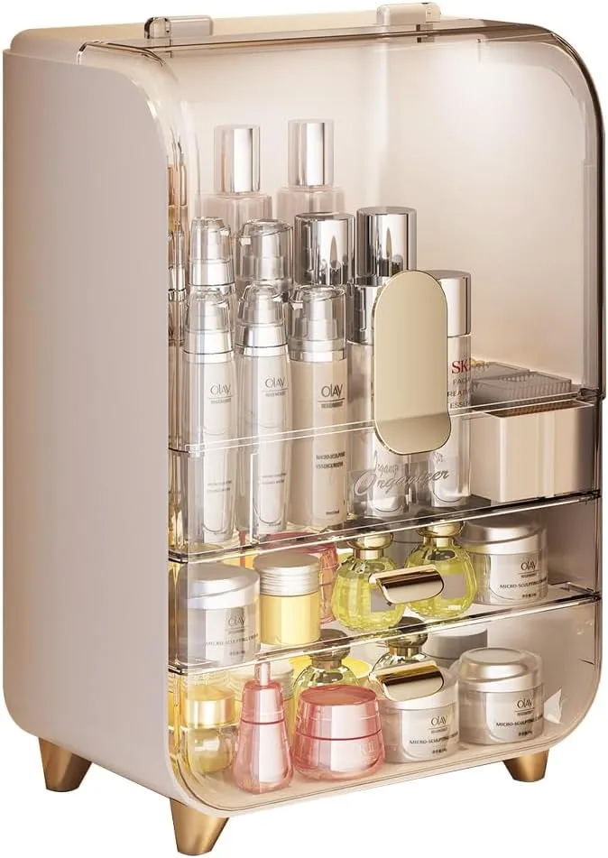 Makeup Organizer Storage Box, Skincare Cosmetic Organizer, Clear Cosmetic Display Case With Top Flip-lid and 2-Tier Drawer for Vanity, Dresser, Countertop (Pink)