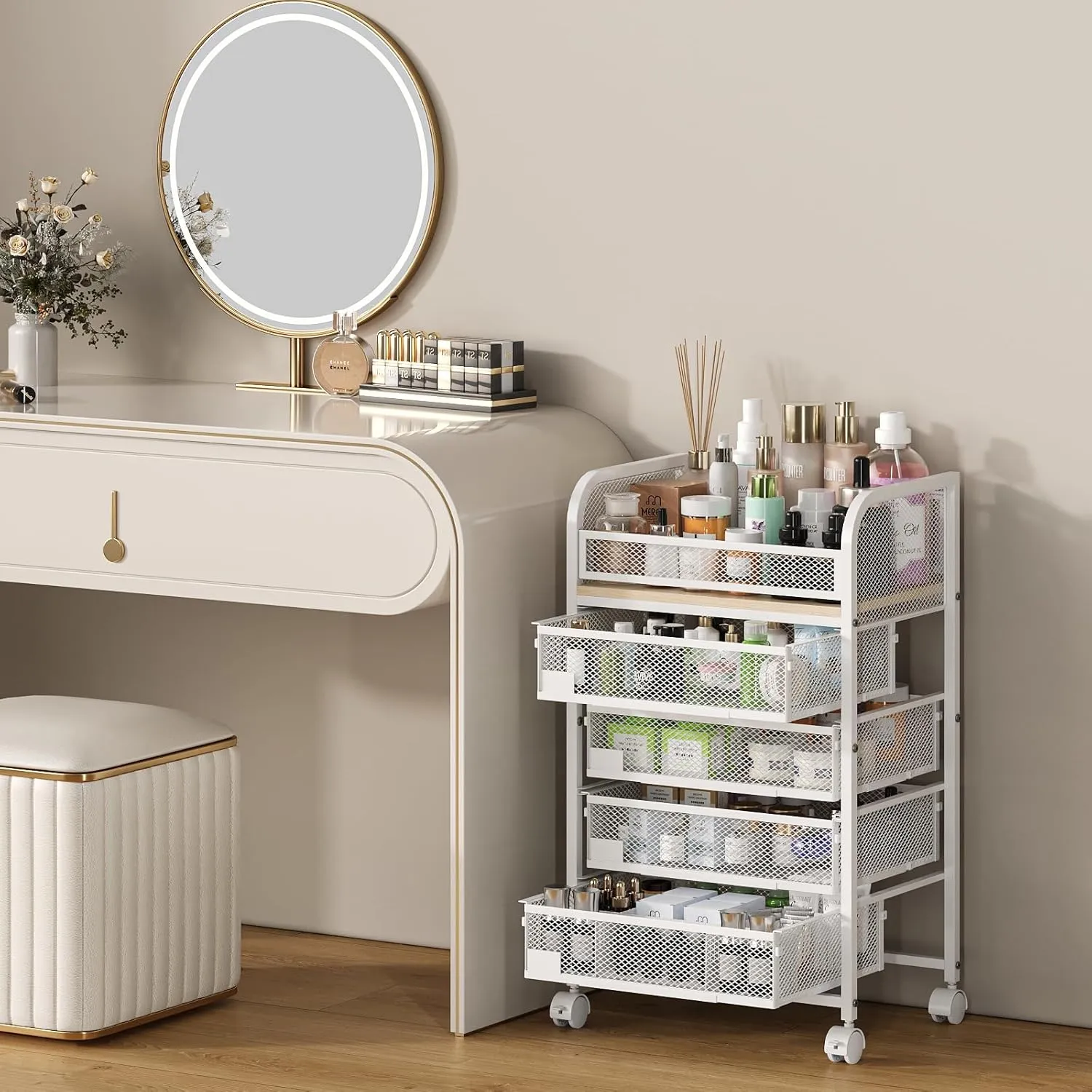 Makeup Organizer with 4 Drawers, Skincare Storage, Floor Skincare Organizers with Wheels Nameplates,Vanity Cosmetic Holder for Perfume, Nail Polish, Brushes, White
