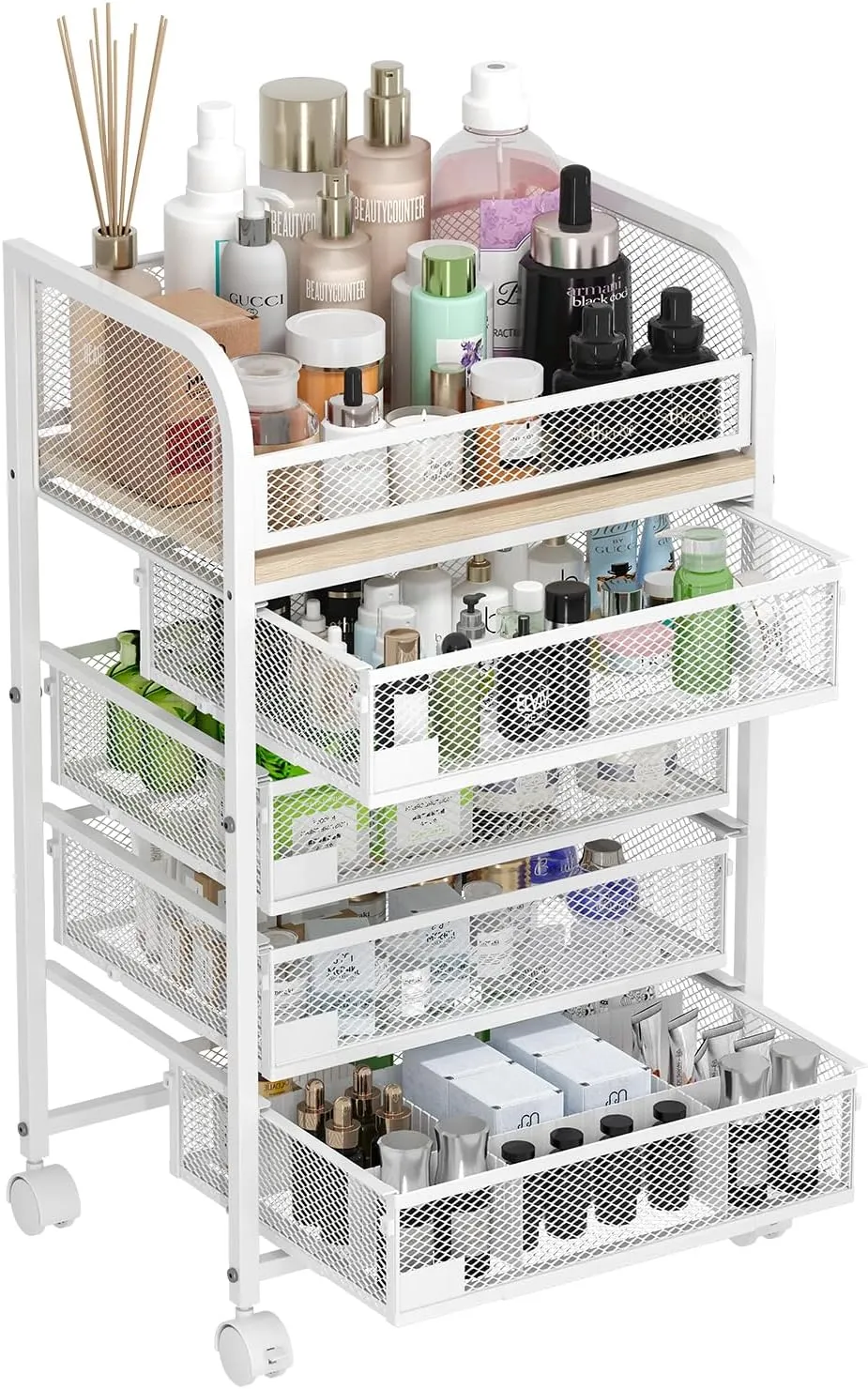 Makeup Organizer with 4 Drawers, Skincare Storage, Floor Skincare Organizers with Wheels Nameplates,Vanity Cosmetic Holder for Perfume, Nail Polish, Brushes, White