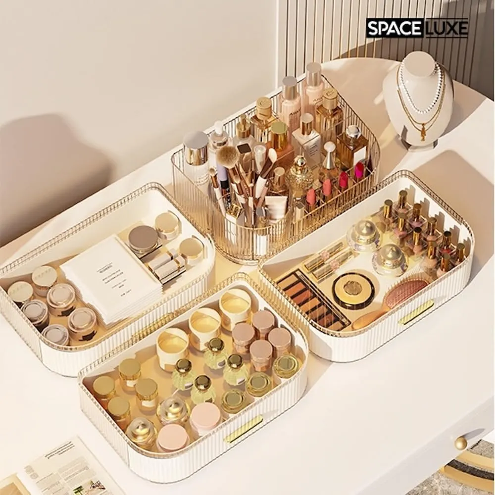 Makeup Organizer with Drawers and 360° Rotating Brush Holder, Large Capacity Cosmetic Storage for Vanity, Skincare, Perfume, Hair Accessories, Lipstick & Jewelry (Cream White, 2-layer)