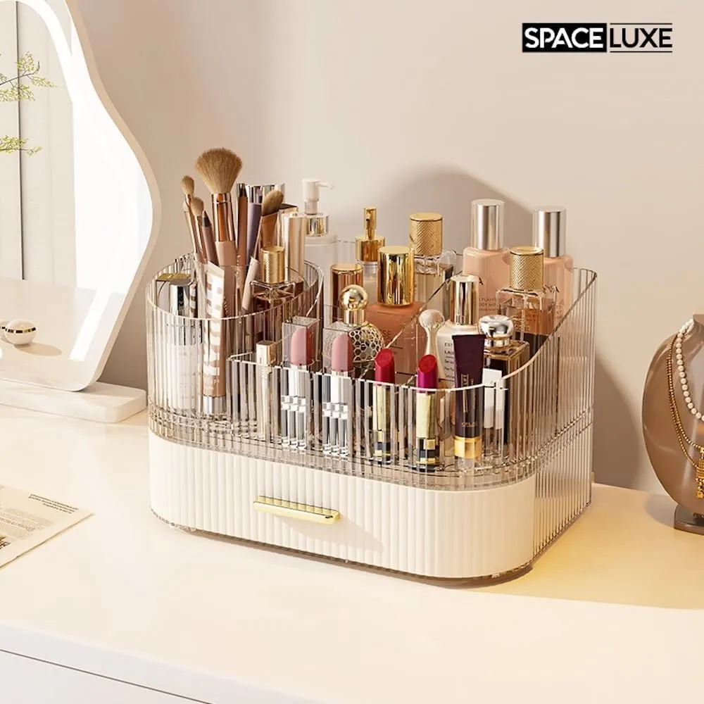 Makeup Organizer with Drawers and 360° Rotating Brush Holder, Large Capacity Cosmetic Storage for Vanity, Skincare, Perfume, Hair Accessories, Lipstick & Jewelry (Cream White, 2-layer)