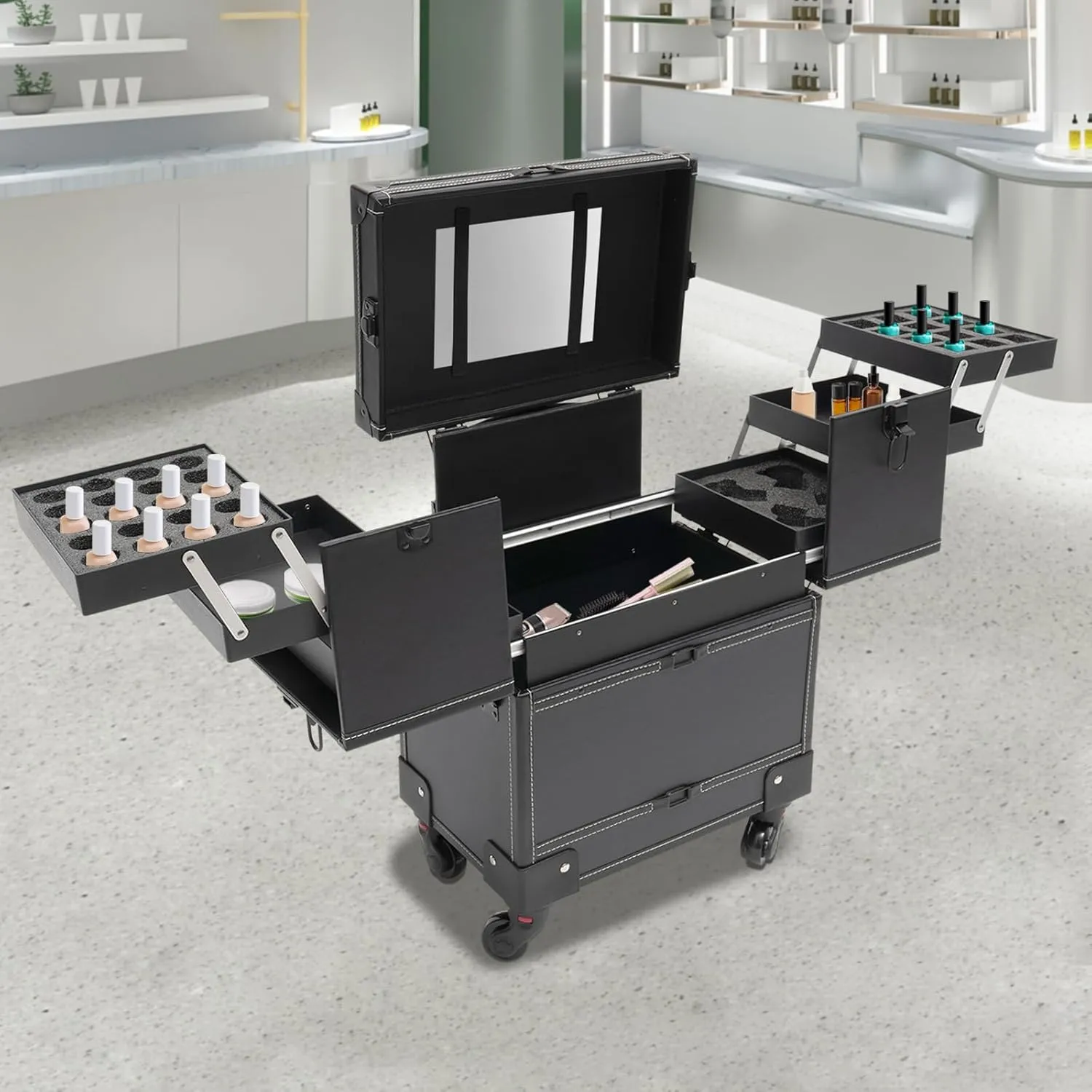 Makeup Rolling Train Case Aluminum Trolley Professional Cosmetic Organizer Box Large Capacity Trolley Makeup Travel Case with Mirror Compartments and 4 Universal Wheels for Esthetician (Black)