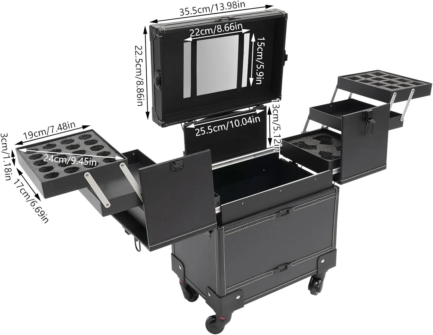 Makeup Rolling Train Case Aluminum Trolley Professional Cosmetic Organizer Box Large Capacity Trolley Makeup Travel Case with Mirror Compartments and 4 Universal Wheels for Esthetician (Black)