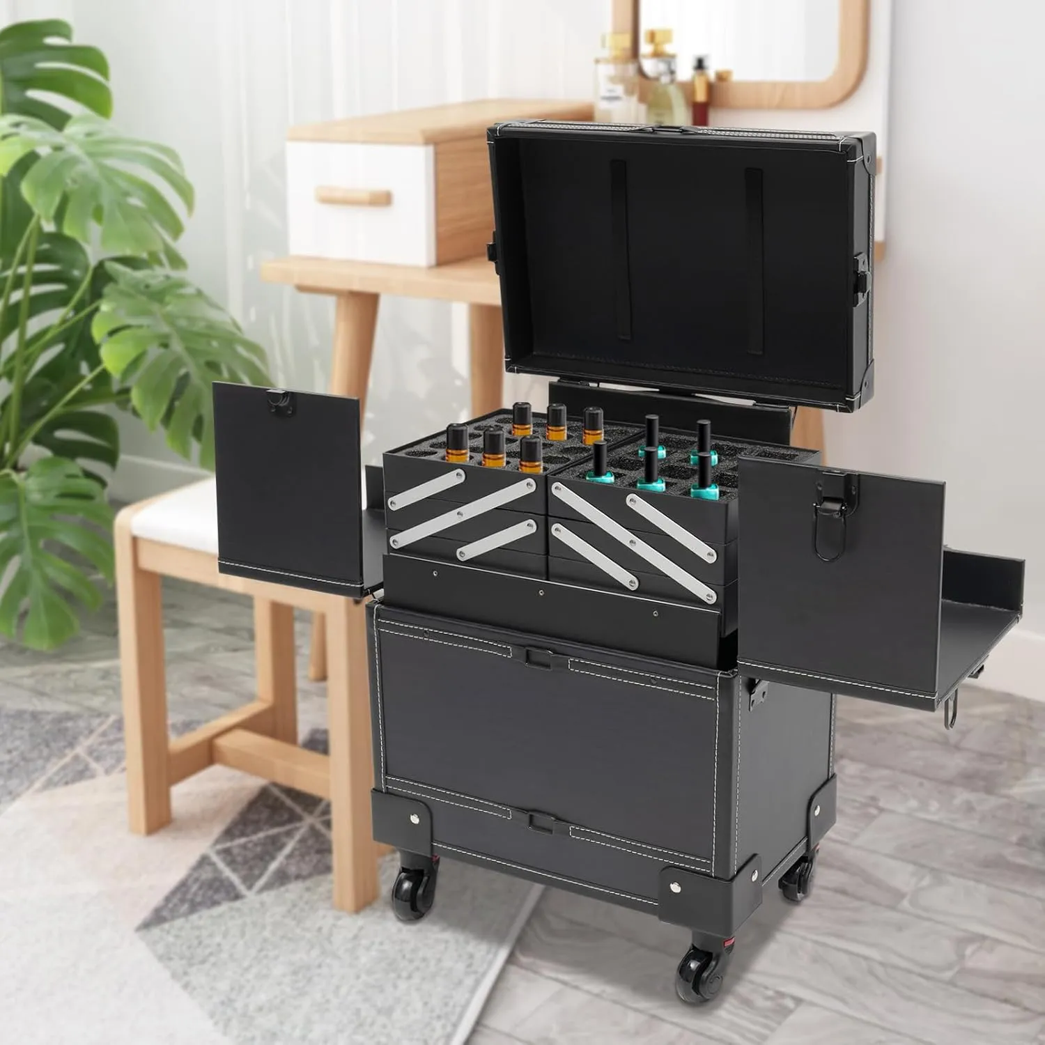 Makeup Rolling Train Case Aluminum Trolley Professional Cosmetic Organizer Box Large Capacity Trolley Makeup Travel Case with Mirror Compartments and 4 Universal Wheels for Esthetician (Black)