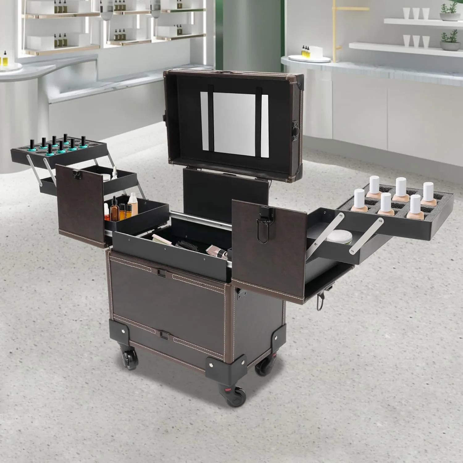 Makeup Rolling Train Case Aluminum Trolley Professional Cosmetic Organizer Box Large Capacity Trolley Makeup Travel Case with Mirror Compartments and 4 Universal Wheels for Esthetician (Brown)