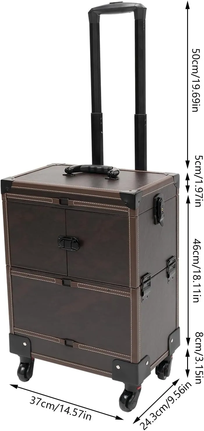 Makeup Rolling Train Case Aluminum Trolley Professional Cosmetic Organizer Box Large Capacity Trolley Makeup Travel Case with Mirror Compartments and 4 Universal Wheels for Esthetician (Brown)