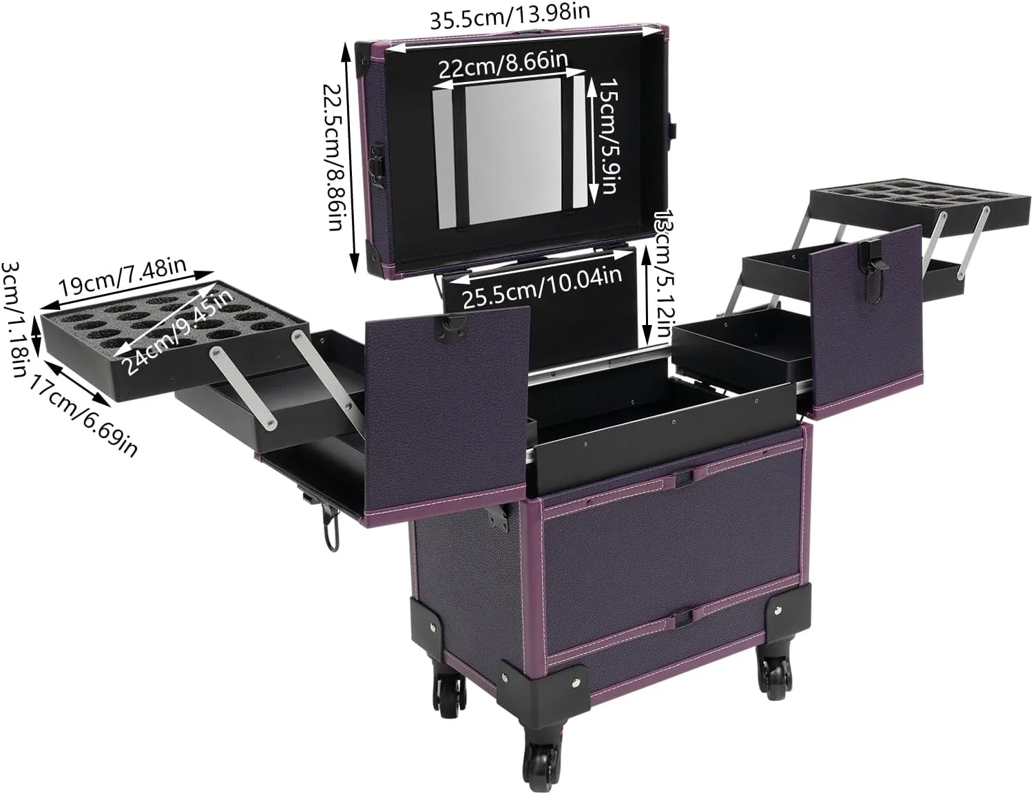 Makeup Rolling Train Case Aluminum Trolley Professional Cosmetic Organizer Box Large Capacity Trolley Makeup Travel Case with Mirror Compartments and 4 Universal Wheels for Esthetician (Purple)