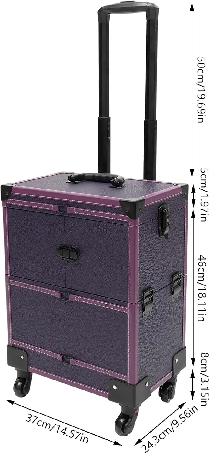 Makeup Rolling Train Case Aluminum Trolley Professional Cosmetic Organizer Box Large Capacity Trolley Makeup Travel Case with Mirror Compartments and 4 Universal Wheels for Esthetician (Purple)
