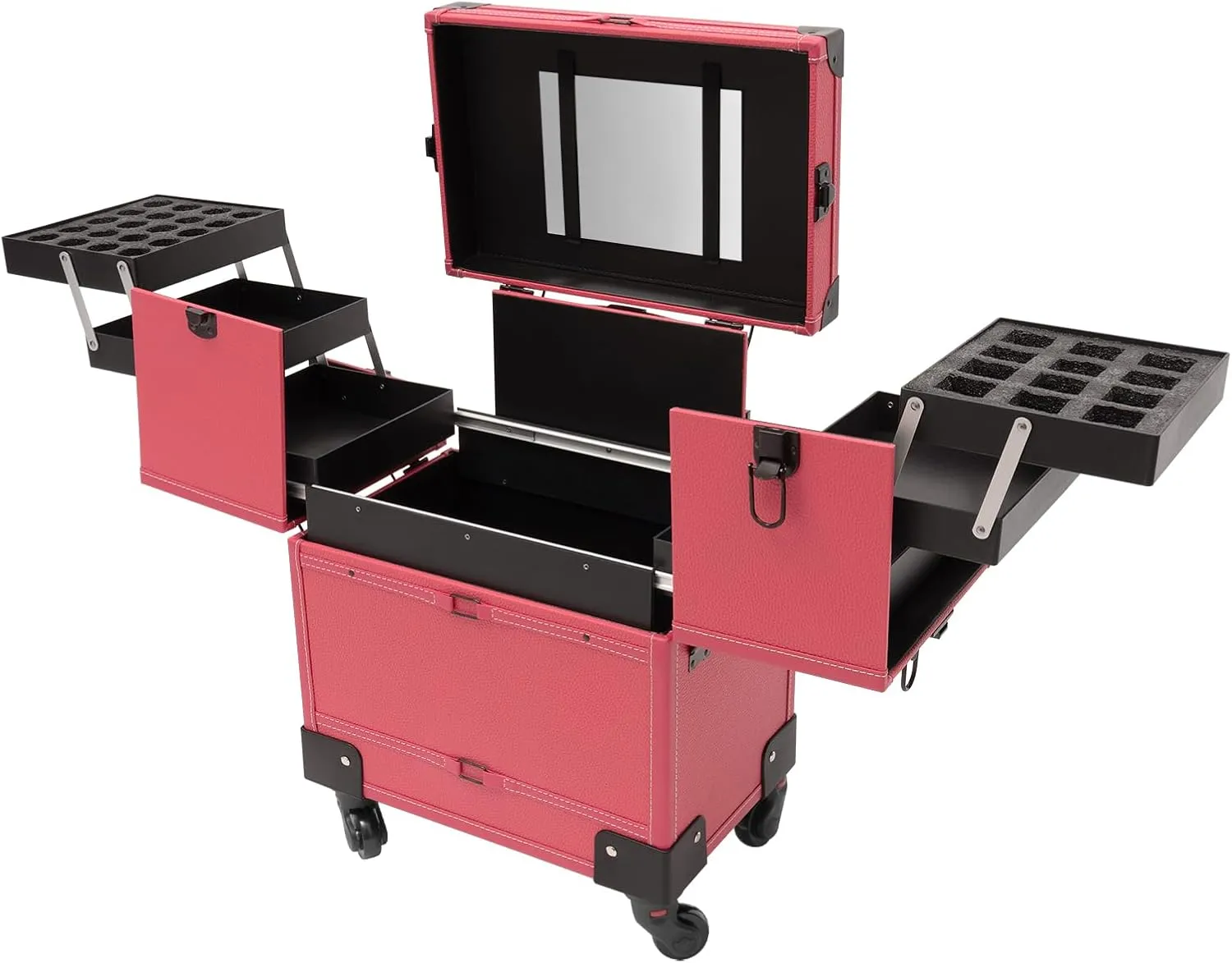 Makeup Rolling Train Case Aluminum Trolley Professional Cosmetic Organizer Box Large Capacity Trolley Makeup Travel Case with Mirror Compartments and 4 Universal Wheels for Esthetician (Rose)