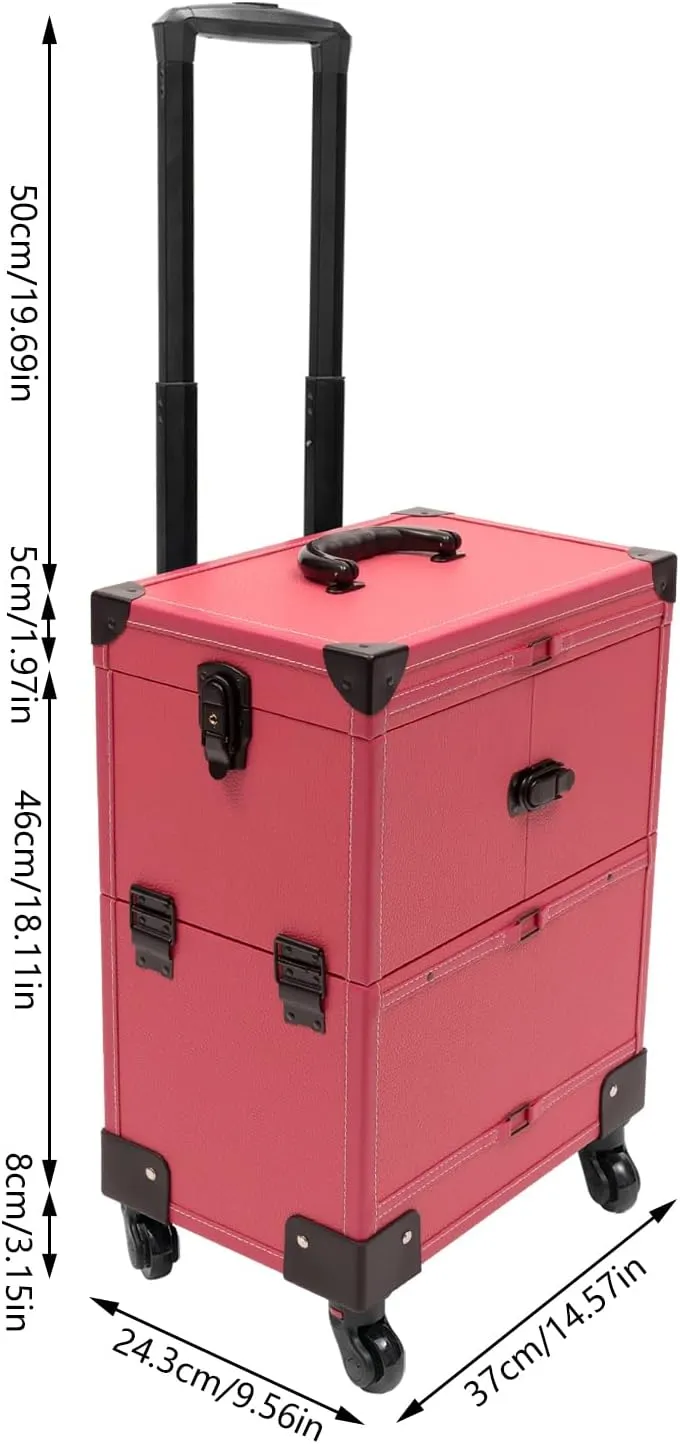 Makeup Rolling Train Case Aluminum Trolley Professional Cosmetic Organizer Box Large Capacity Trolley Makeup Travel Case with Mirror Compartments and 4 Universal Wheels for Esthetician (Rose)