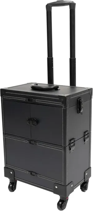 Makeup Rolling Train Case with Lock, Professional Cosmetic Organizer Box Aluminum Trolley, 6 Expandable Trays, Makeup Travel Case with Mirror Compartments and 4 Universal Wheels for Esthetician
