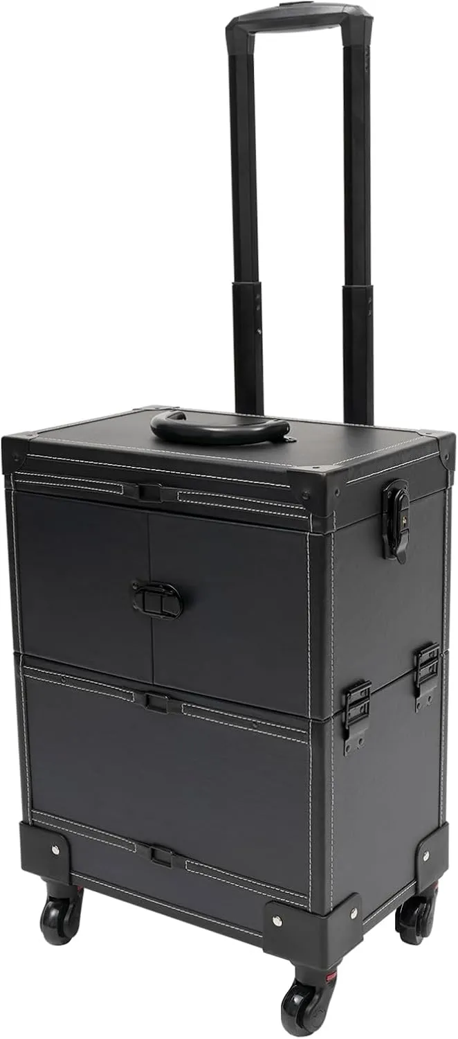 Makeup Rolling Train Case with Lock, Professional Cosmetic Organizer Box Aluminum Trolley, 6 Expandable Trays, Makeup Travel Case with Mirror Compartments and 4 Universal Wheels for Esthetician