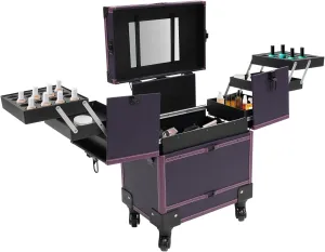 Makeup Rolling Train Case with Lock, Professional Cosmetic Organizer Box Aluminum Trolley, 6 Expandable Trays, Makeup Travel Case with Mirror Compartments and 4 Universal Wheels for Esthetician