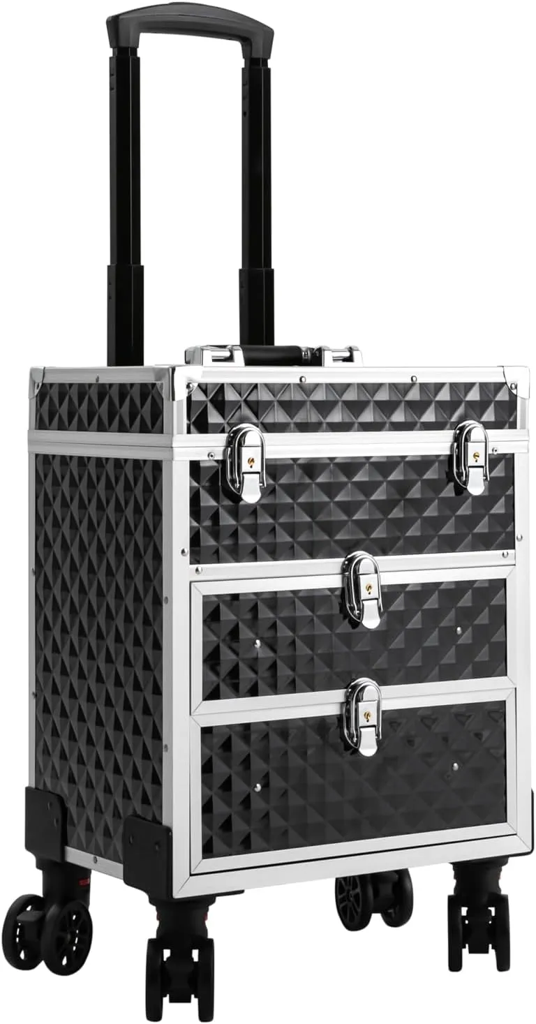Makeup Train Case, Large Capacity, 66 lbs Load-Bearing, Stylish Black Finish, Lockable with Universal Wheels for Makeup Storage
