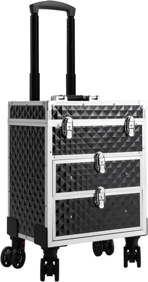 Makeup Train Case, Large Capacity, 66 lbs Load-Bearing, Stylish Black Finish, Lockable with Universal Wheels for Makeup Storage