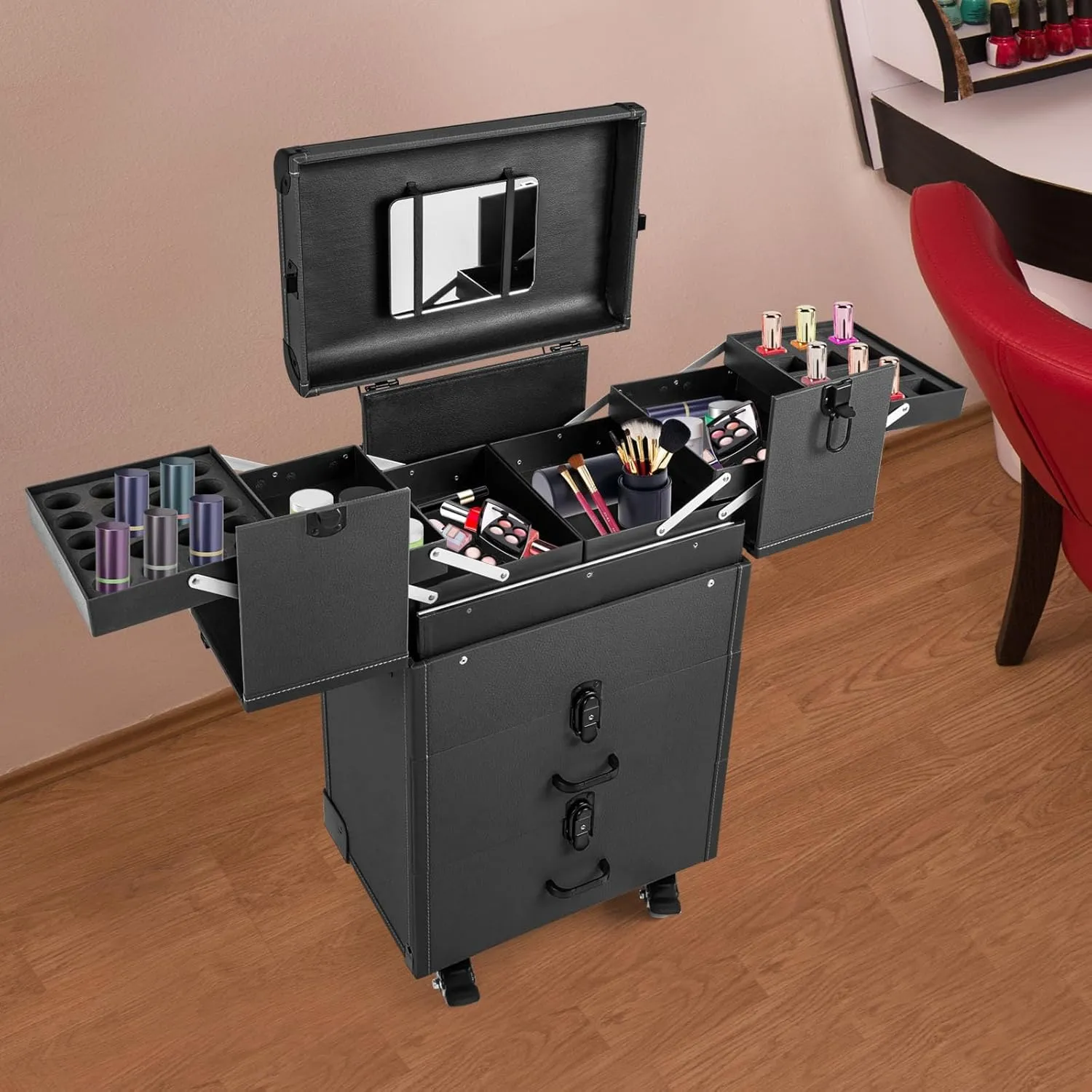 Makeup Train Case, Professional Rolling Cosmetic Trolley Case Lockable Cosmetic Organizer Trolley Portable Large Cosmetic Orgainzer for Wedding Makeup Scenarios Outdoor Shooting Cinemas (Black)