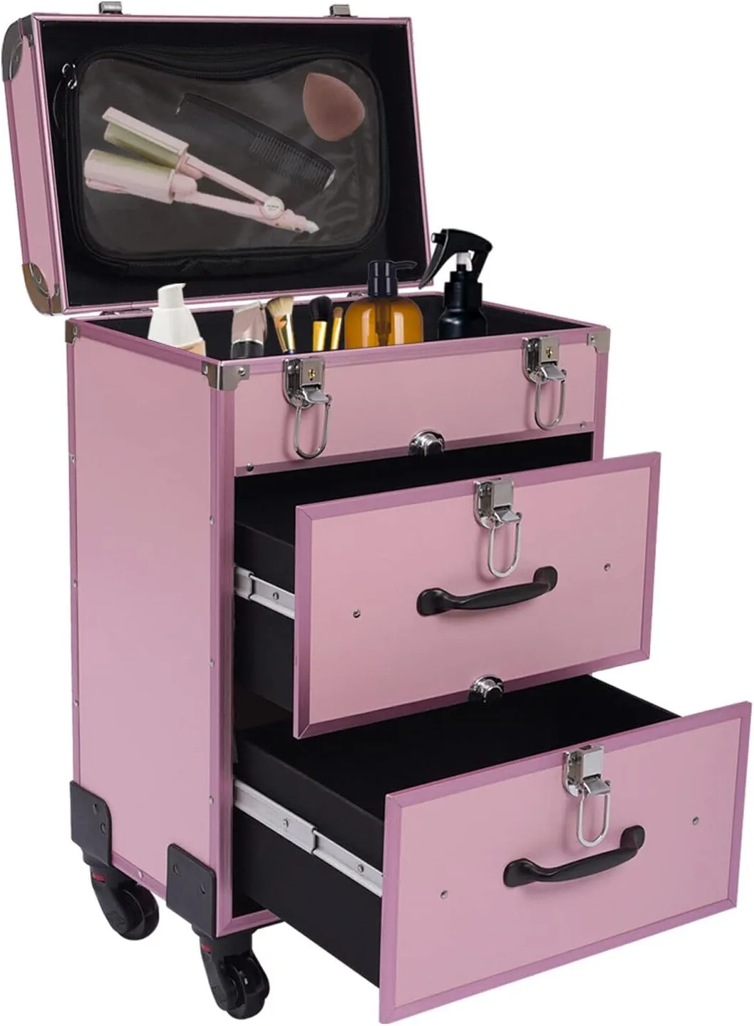 Makeup Train Case, Professional Rolling Makeup Trolley with Adjustable Dividers, Nail Polish Organizer, Jewelry Travel Cosmetic Train Case w/ 4 Wheels & Locks (Pink)