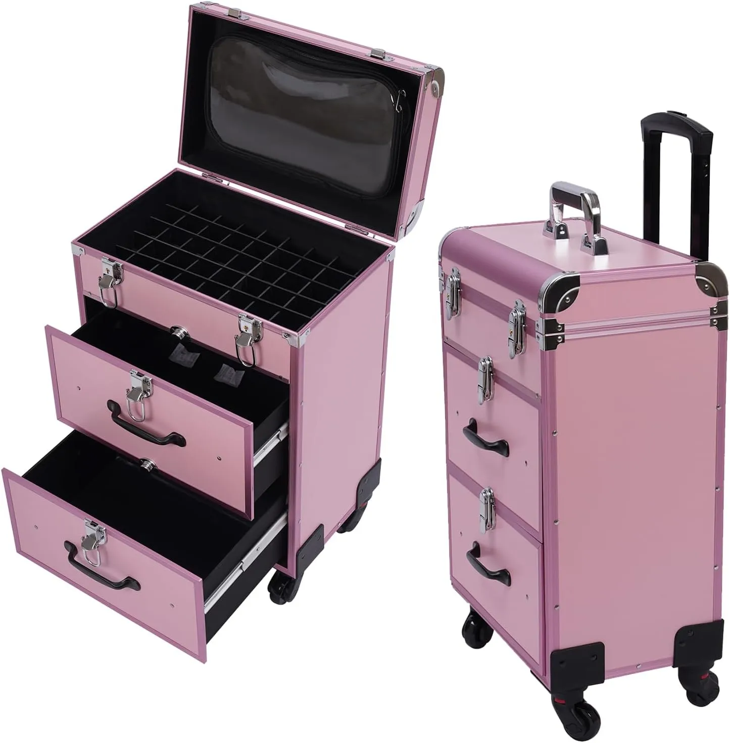 Makeup Train Case, Professional Rolling Makeup Trolley with Adjustable Dividers, Nail Polish Organizer, Jewelry Travel Cosmetic Train Case w/ 4 Wheels & Locks (Pink)