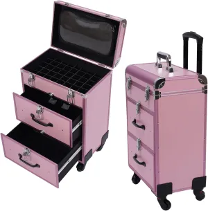 Makeup Train Case, Professional Rolling Makeup Trolley with Adjustable Dividers, Nail Polish Organizer, Jewelry Travel Cosmetic Train Case w/ 4 Wheels & Locks (Pink)