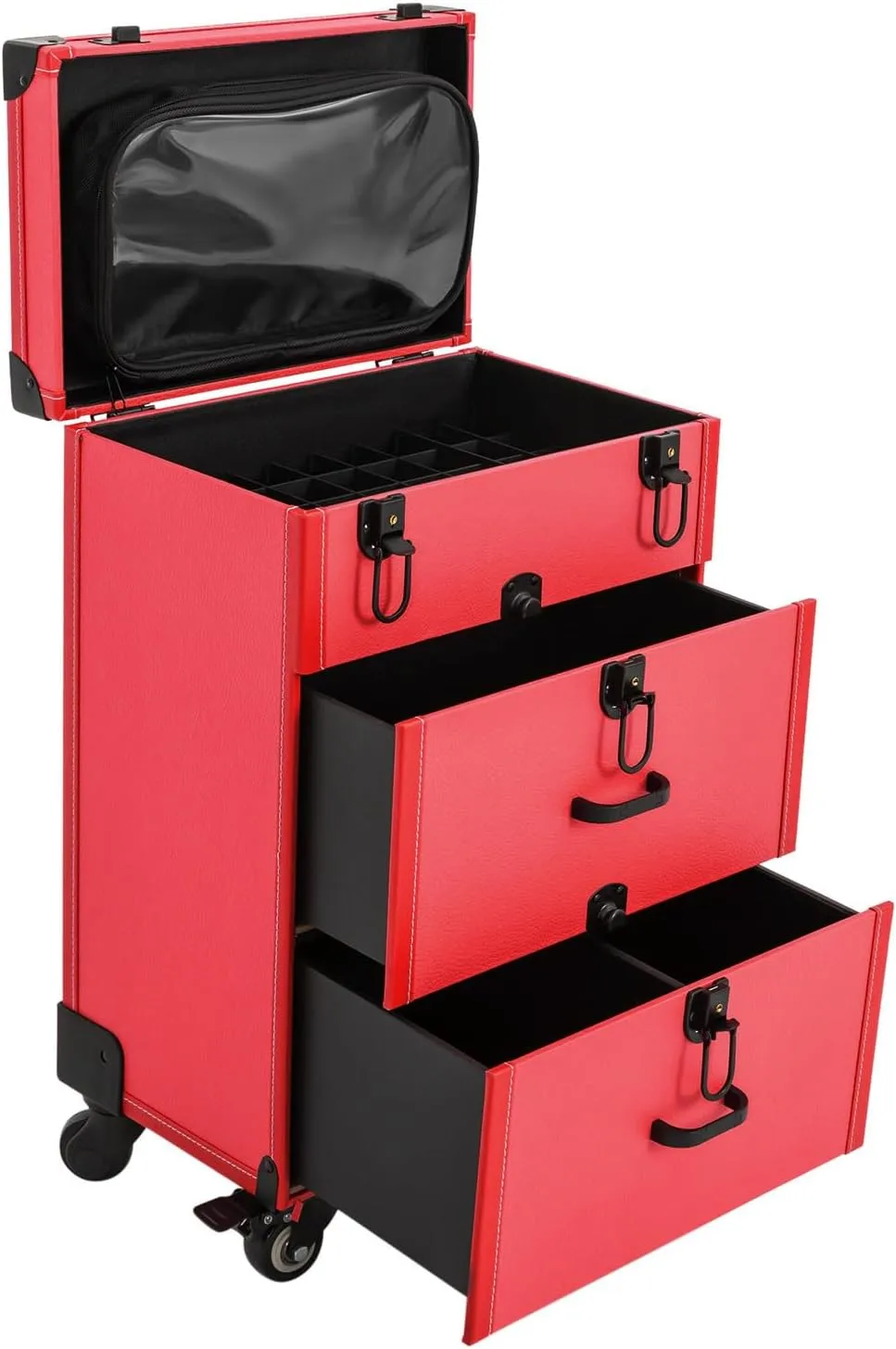 Makeup Train Case, Rolling Makeup Trolley Case, Nail Polish Organizer, Travel Beauty Luggage Trolley Lockable, Jewelry Travel Cosmetic Train Case w/ 4 Wheels, Rose Red