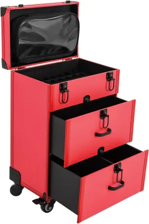 Makeup Train Case, Rolling Makeup Trolley Case, Nail Polish Organizer, Travel Beauty Luggage Trolley Lockable, Jewelry Travel Cosmetic Train Case w/ 4 Wheels, Rose Red