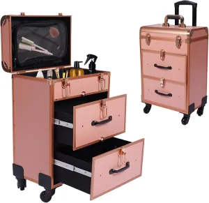 Makeup Train Case, Rolling Nail Case, Aluminum Rolling Makeup Case, Rolling Makeup Trolley Case, Manicure Storage Case Polish Organizer w/ 4 Wheels, Gold