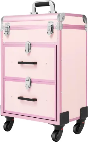 Makeup Train Case, Rolling Nail Case, Aluminum Rolling Makeup Case, rolling Makeup Trolley Case, Manicure Storage case Polish Organizer w/ 4 Wheels, Pink