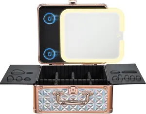 Makeup Train Case with Magnetic LED Mirror Makeup Organizer Box Travel Cosmetic Case with 3 Colors LED Mirror Portable Vanity Make up Suitcase with Lockable Keys Dividers Brush Holder, Silver